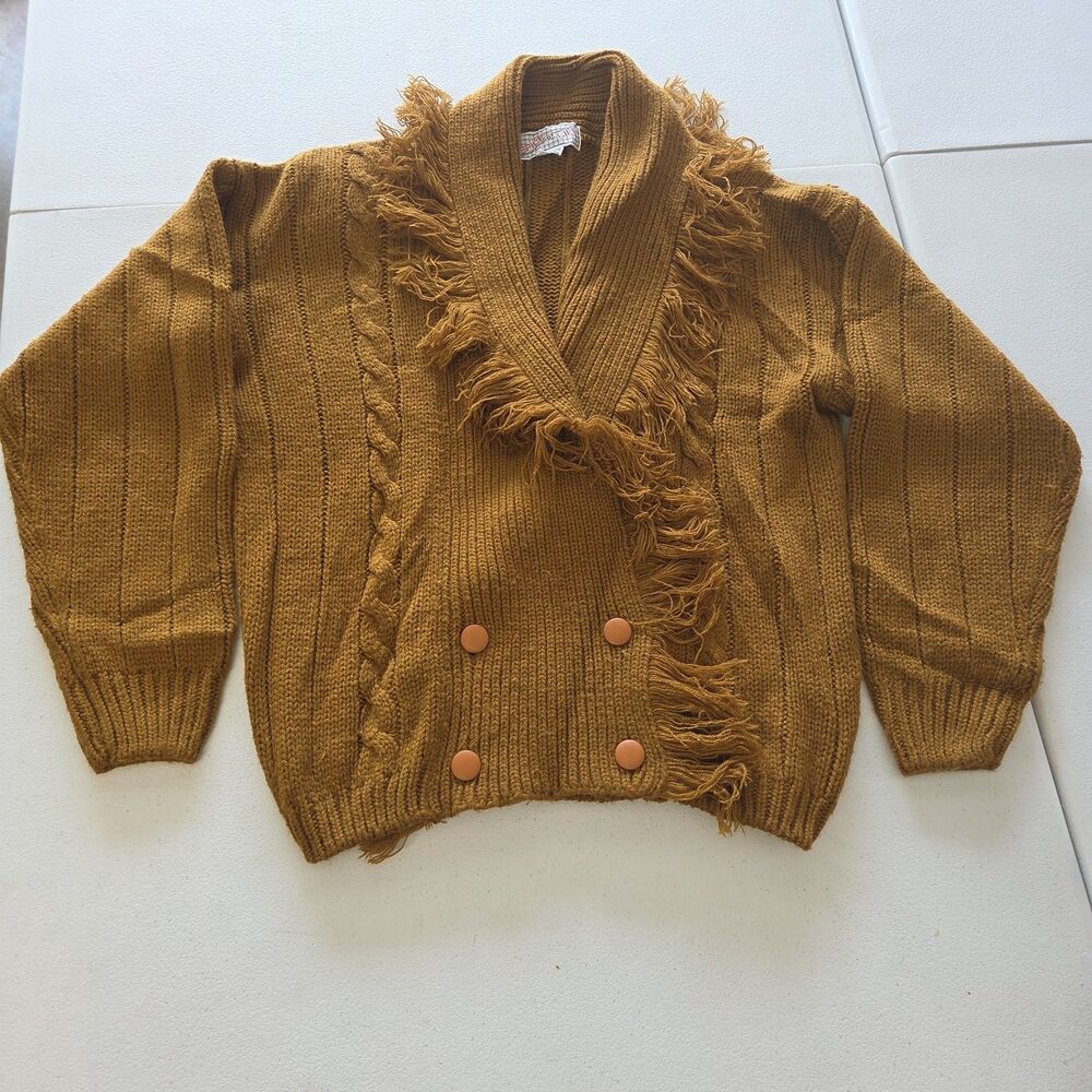 Vintage Spice Of Life Knit Cardigan Sweater Golden Brown Medium Western Boho